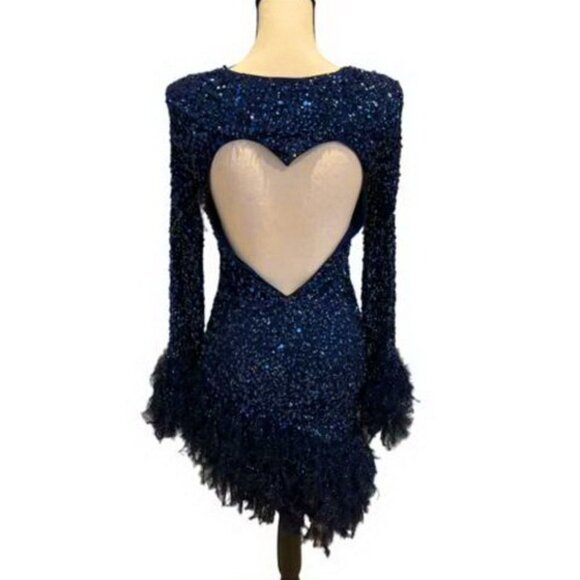 ASOS Dresses & Skirts - ASOS Luxe Navy Blue Sequin Faux Feather Heart Cut Out Back Mini Dress